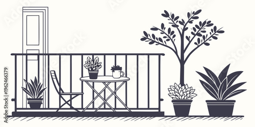 A cozy balcony garden with potted plants and comfortable seating.