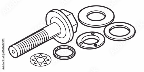 Assorted mechanical parts including bolts, washers, and flat washers