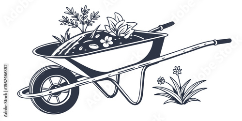 A wheelbarrow filled with vibrant flowers and plants in a garden setting