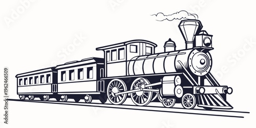 A vintage steam locomotive pulling passenger carriages through a scenic landscape