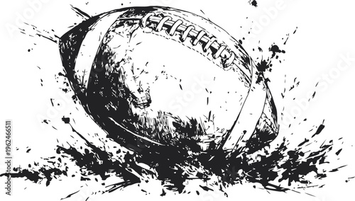 American football ball splashing on ground with dynamic ink splatter effect