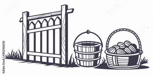 A rustic garden scene with a wooden gate and two baskets filled with fresh vegetables.