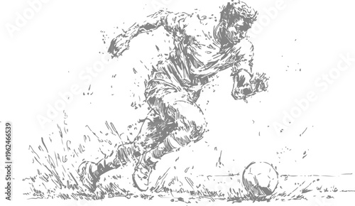 Dynamic soccer player dribbling the ball on the field athletic male football action sketch in motion and energy