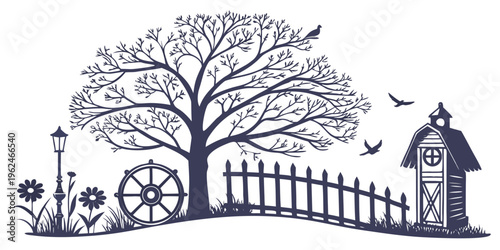 A serene park scene featuring a large tree, a bench, and a bird in flight