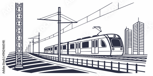 Modern train traveling through a city with tall buildings and overhead wires