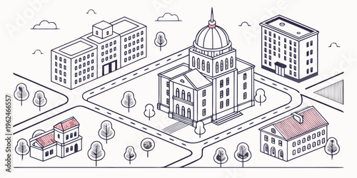 A bustling city scene with diverse buildings and people going about their day.