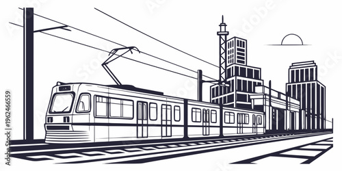 A modern cityscape with a tram and tall buildings in the background.