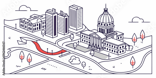 Aerial view of a city with a prominent red river flowing through it