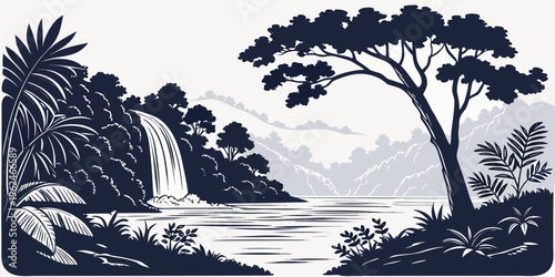 A serene landscape with a calm river, trees, and distant mountains under a clear sky