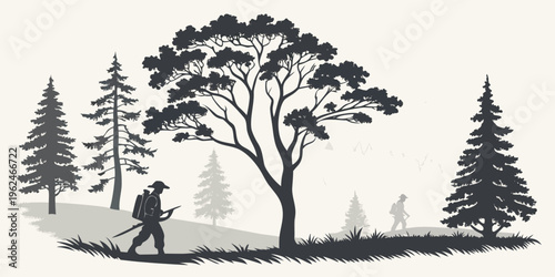 A lone traveler walks through a serene forest with a large tree in the background