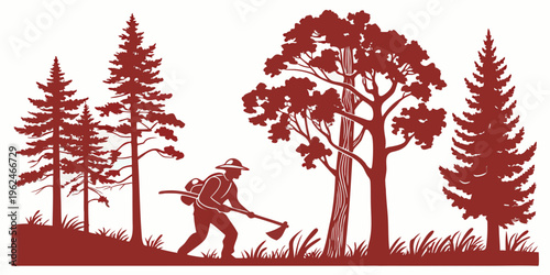 A lone hiker trekking through a dense, forested landscape with towering trees