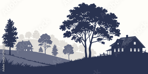 Silhouette of trees and a house on a hill during a sunset.