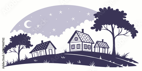 A serene nighttime scene with a cozy house nestled among tall trees under a starry sky.