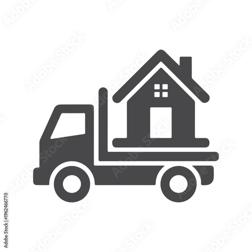 Minimalist House Moving Truck Icon – Home Relocation Delivery Vehicle Symbol for Moving Service, Logistics Transport and Residential Shift Concept.