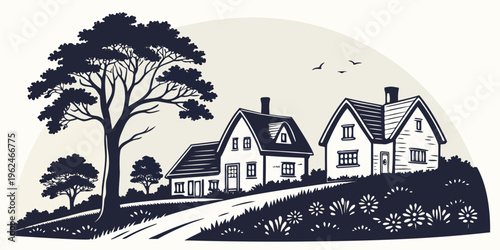 A serene countryside scene with a cluster of houses and a large tree.