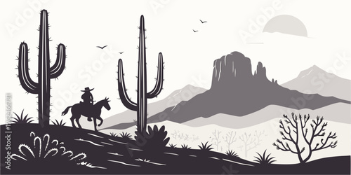 A lone rider on horseback traverses the vast and arid desert landscape under a setting sun.