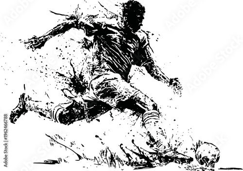 Dynamic soccer player kicking ball with motion splash effect black and white illustration