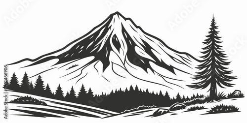 Majestic mountain peak surrounded by dense forest and clear blue sky