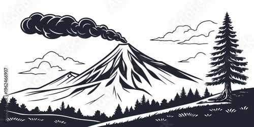 A dramatic black and white illustration of a volcanic eruption with smoke billowing into the sky.