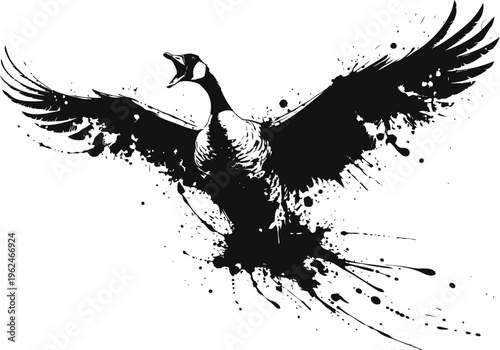 Flying bird silhouette with ink splatter effect, dynamic abstract black and white graphic art