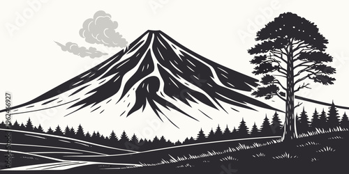 Majestic mountain peak with a tree standing tall in the foreground