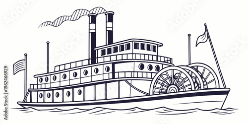 A vintage steamboat cruises along a calm river with flags waving in the breeze