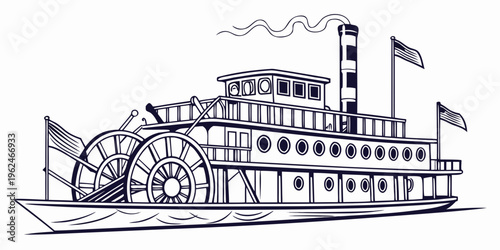 Antique steamboat illustration with paddle wheel and smokestack