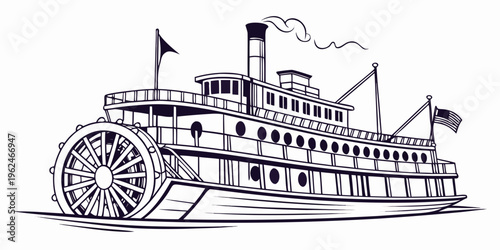 A vintage steamboat with large paddle wheels and flags on the deck