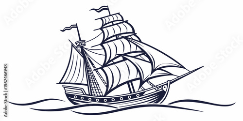 An intricate depiction of a three-masted sailing ship navigating through the ocean waves.