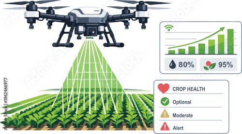 Smart agricultural drone crop monitoring and precision farming data analysis flat vector illustration