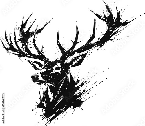 Majestic stag head silhouette with large antlers, abstract black ink splatter art design