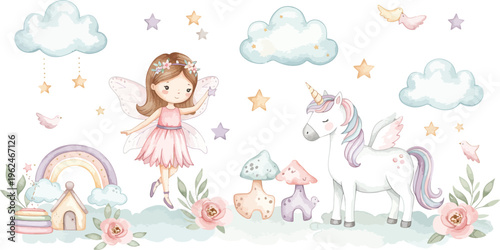 Whimsical illustration of a little girl with unicorns and rainbow in a magical fantasy world with clouds and stars