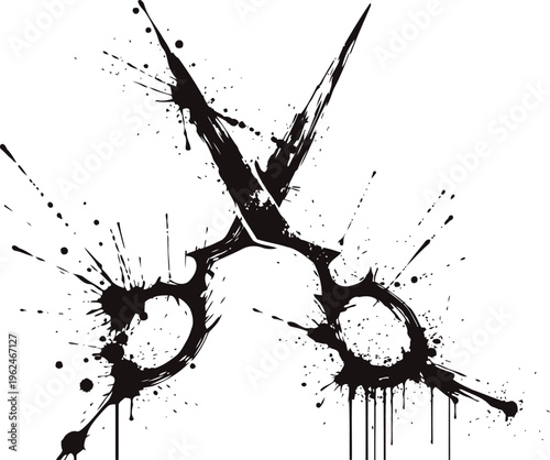 Black ink splatter scissors illustration with dripping paint and grunge effect