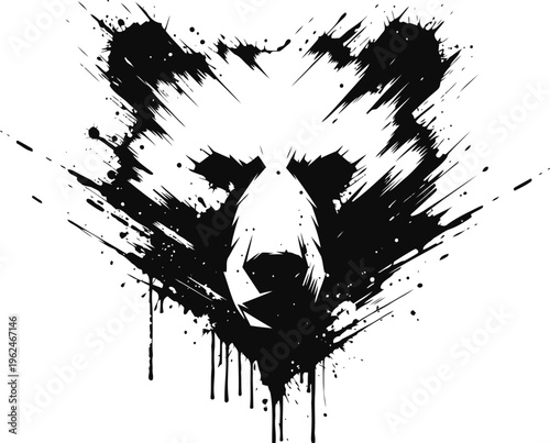 Abstract black and white bear head illustration with paint splatter and ink drip effects