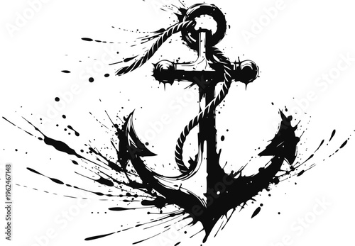 Black ink splatter anchor illustration with rope detail and artistic brushstroke design