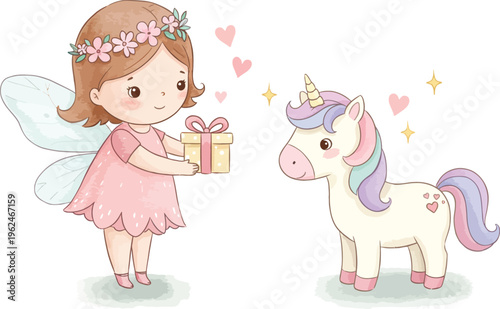 A fairy girl in pink dress holding gift standing next to cute white unicorn with purple mane and tail
