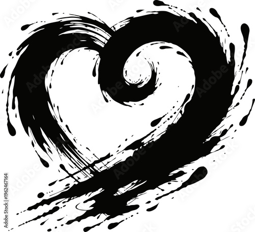 Abstract black ink heart shape brush stroke design with splash and swirl elements