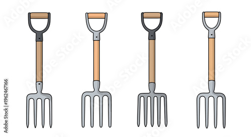 Set of garden pitchforks for farming and gardening, vector illustration of manual digging tools with wooden handles isolated on white background