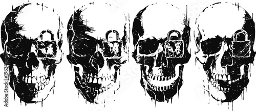 Four human skulls with different shadow effects and padlock silhouettes, monochrome design