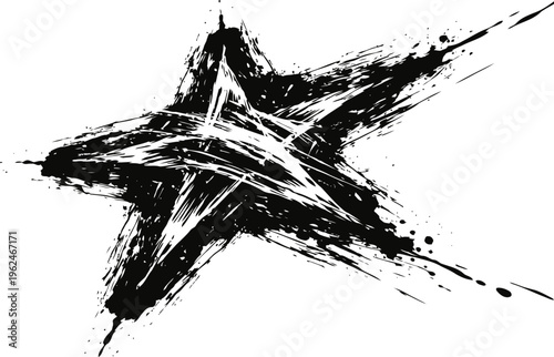 Grunge black star shape with splatter paint effect abstract distressed design element on white background