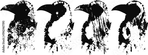 abstract black grunge bird silhouettes on white background distressed texture crow shapes in artistic