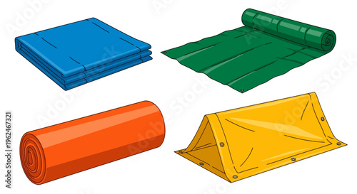 Set of Waterproof Tarpaulin Sheets in Various Colors and States for Agricultural, Construction, and Camping Use
