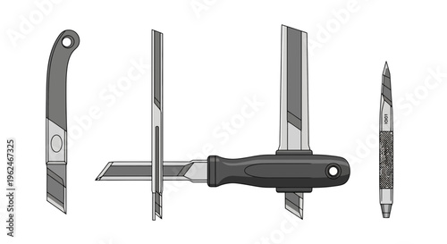 Set of professional grafting knives and horticultural tools for farm plant propagation, gardening utility cutters, and orchard maintenance equipment vector illustration.