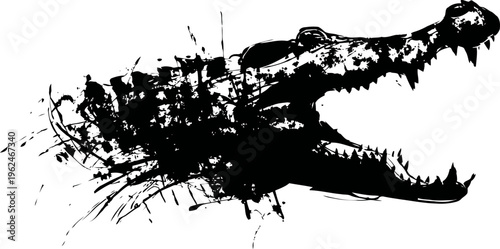 Grunge crocodile head silhouette with open jaws and sharp teeth illustration
