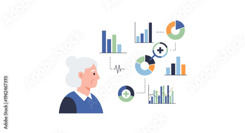 Elderly Woman with Health Data Visualizations: Senior Healthcare Analytics & Monitoring