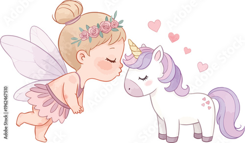 Whimsical fairy girl kissing a beautiful purple mane unicorn on the nose with love hearts floating around them sweetly