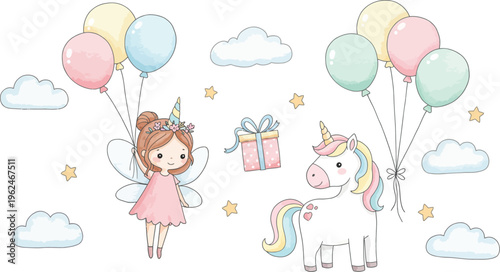 Whimsical illustration of young girls with unicorns and colorful balloons floating amidst fluffy white clouds in a dreamy scene