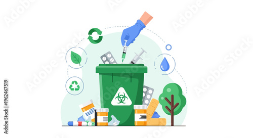 Biohazard Medical Waste Disposal & Management. Safe Segregation of Sharps, Pills, and Pharmaceutical Waste for Environmental Protection.