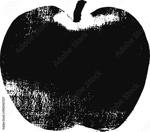 black apple silhouette with textured distressed grunge style, simple fruit shape icon, artistic design