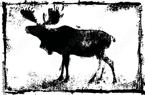 Silhouette of moose wildlife animal with antlers in rustic textured frame design